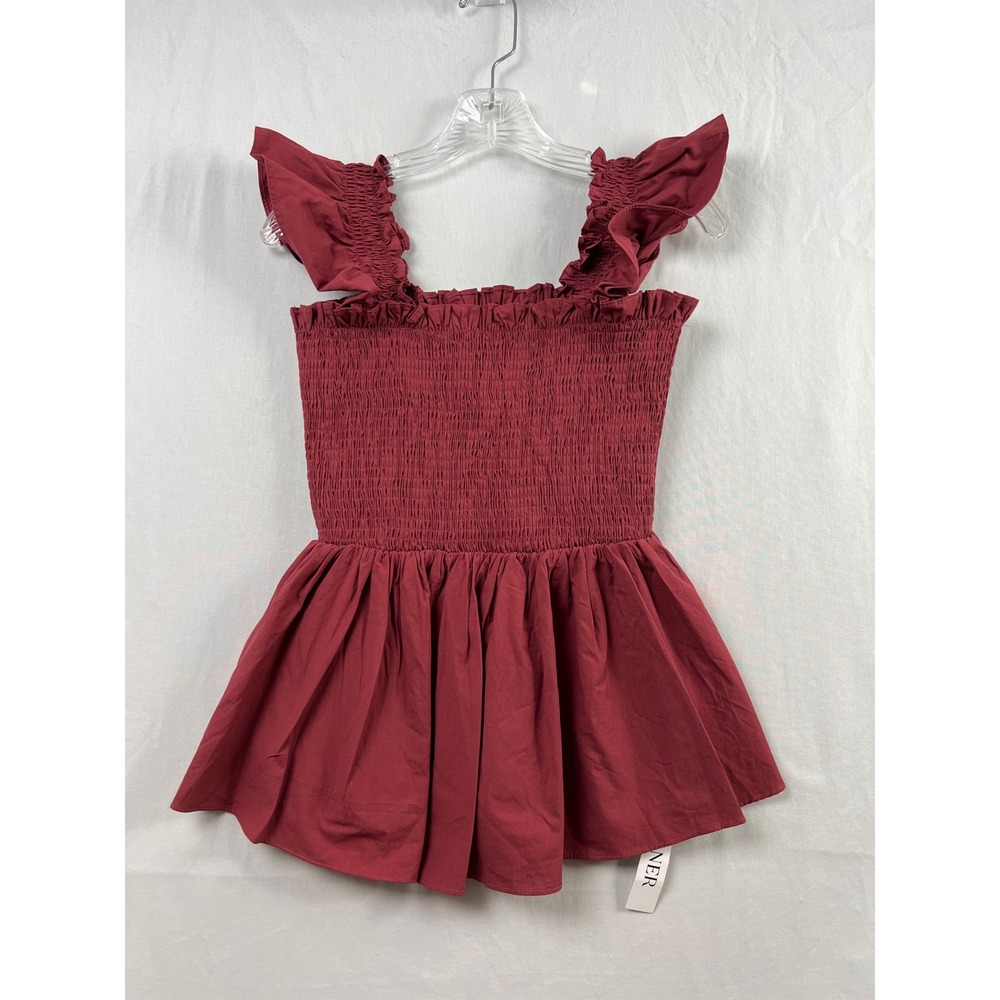 Lyaner Peplum Top Women Size Medium Burgundy Smocked Ruffle Cotton Sleeveless